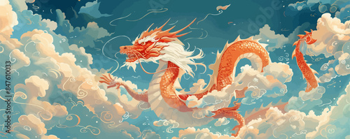 Oriental dragon winding through the clouds in a blue sky. Vector flat minimalistic isolated illustration.