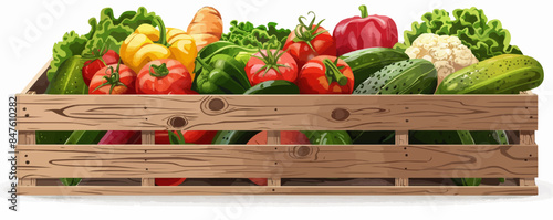 Wooden crate filled with fresh organic produce on a clean white surface. Vector flat isolated illustration.
