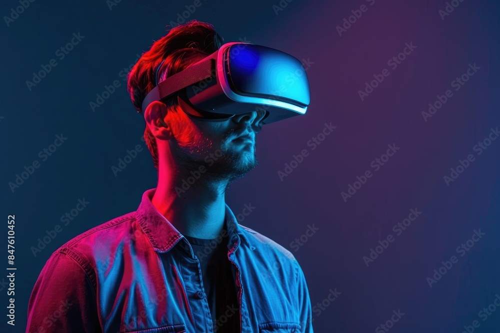young man using VR virtual reality glasses headset young man using VR virtual reality glasses headset
