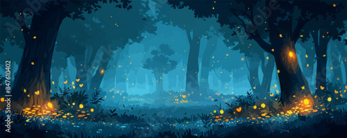 A mystical forest glade with glowing fireflies and hidden treasures. Vector flat minimalistic isolated