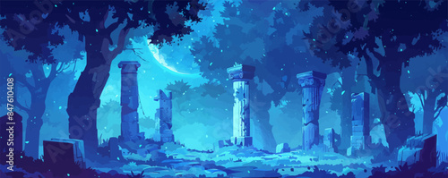 Mystical forest with ancient ruins and enigmatic creatures. Vector flat minimalistic isolated illustration.