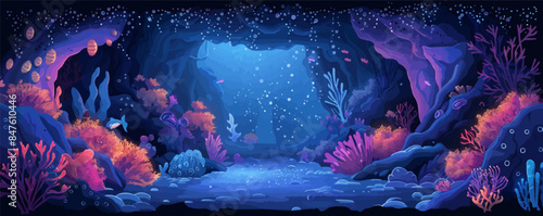 A mystical underwater grotto with bioluminescent creatures and coral formations. Vector flat minimalistic isolated