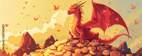 Fantasy dragon perched atop a treasure hoard Vector flat minimalistic isolated