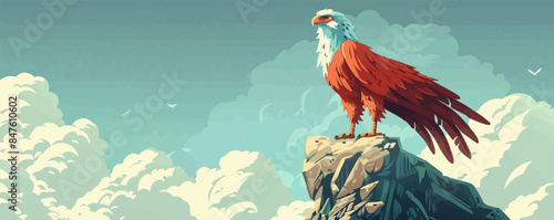 A majestic griffin perched atop a rocky cliff. Vector flat minimalistic isolated