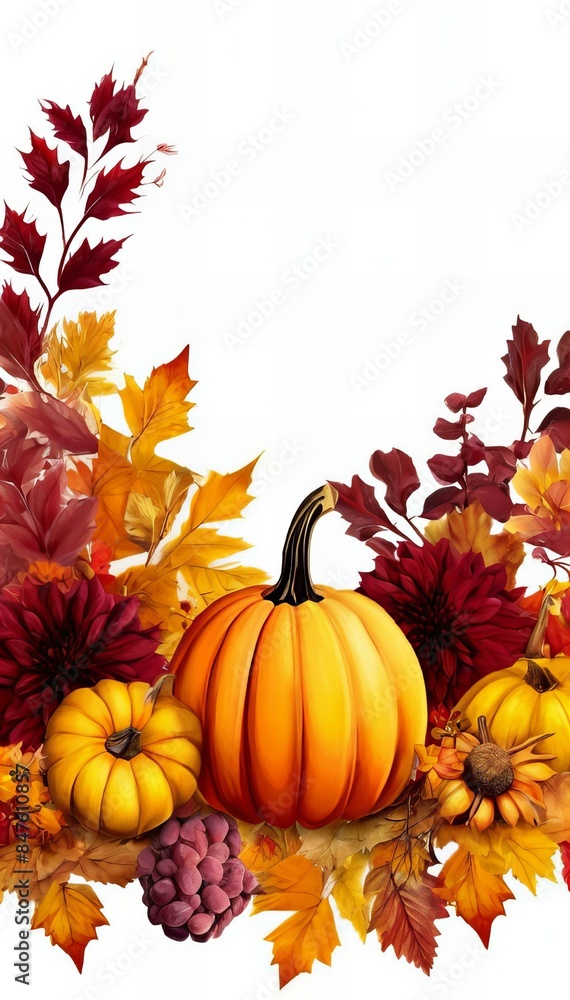 Autumn leaves and pumpkin on a white background with space for text Autumn leaves and pumpkin on a white background with space for text