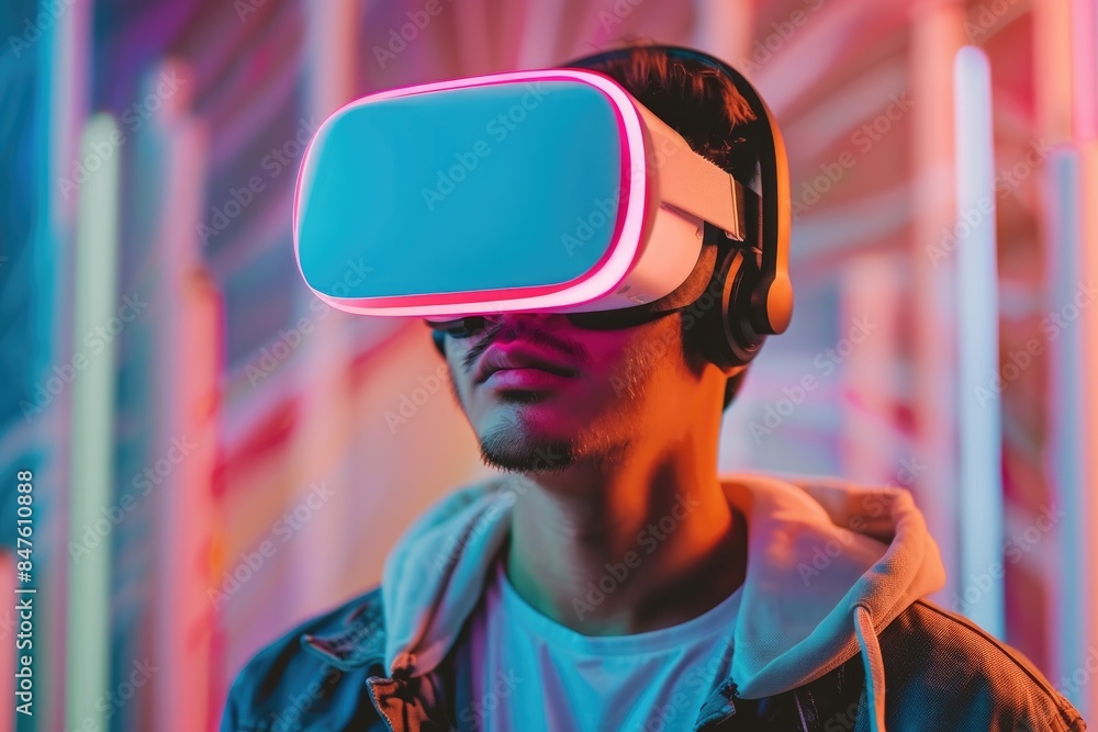 Young man uses VR glasses for futuristic online education. Young man uses VR glasses for futuristic online education.