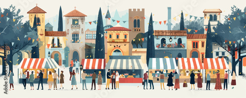 Medieval marketplace with vendors and stalls Vector flat minimalistic isolated