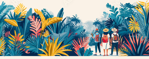 Tropical jungle expedition with explorers and wildlife Vector flat minimalistic isolated
