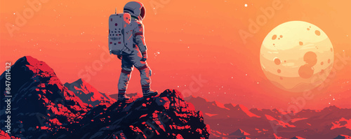 Sci-fi astronaut exploring an alien planet Vector flat minimalistic isolated