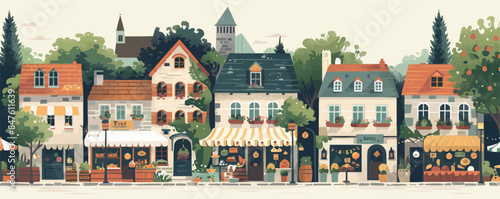 Quaint village market with bustling stalls. Vector flat minimalistic isolated