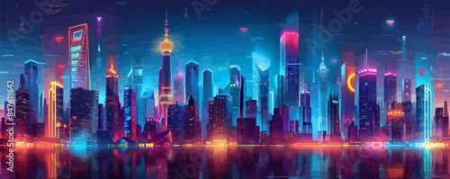 Cyberpunk cityscape with neon lights and skyscrapers Vector flat minimalistic isolated