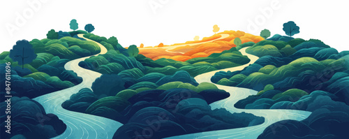 A labyrinth of winding paths, representing life's journey, the choices we make, the challenges we face, and the path to self-discovery on a white background. Vector flat minimalistic isolated