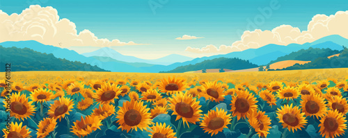 Radiant sunflower field stretching to the horizon. Vector flat minimalistic isolated illustration.