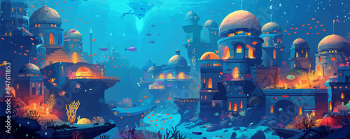 Underwater shipwreck surrounded by coral and marine life. Vector flat minimalistic isolated