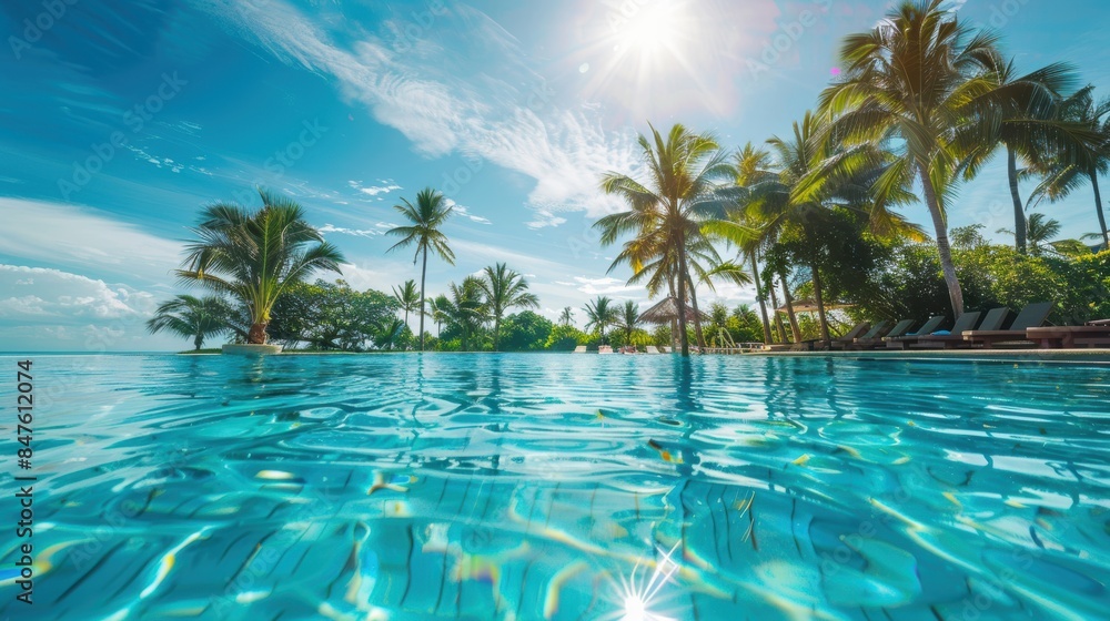 Serene swimming pool with crystal clear water, palm trees, and a bright blue sky, luxury resort ambiance