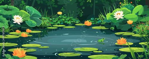 A tranquil garden pond with lily pads and frogs. Vector flat minimalistic isolated