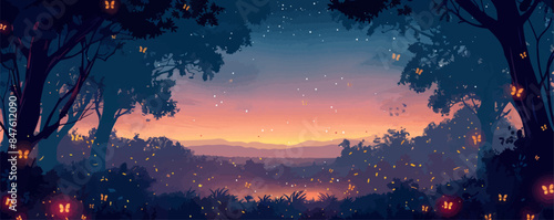 Luminous fireflies illuminating a tranquil forest clearing at dusk. Vector flat minimalistic isolated illustration.