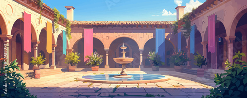 Medieval castle courtyard with a fountain and banners Vector flat minimalistic isolated