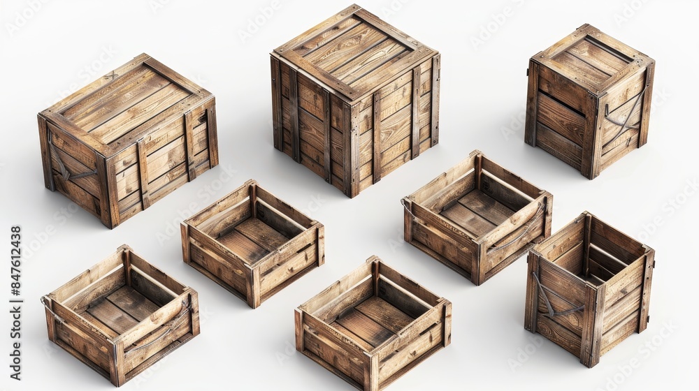 3D isometric illustration of shipping crates made of wood, arranged against a white background, focusing on texture and depth 3D isometric illustration of shipping crates made of wood, arranged against a white background, focusing on texture and depth