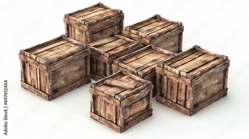 3D illustration of shipping wood crates, isometric view, neatly stacked against a white background, detailed texture and realistic shading 3D illustration of shipping wood crates, isometric view, neatly stacked against a white background, detailed texture and realistic shading