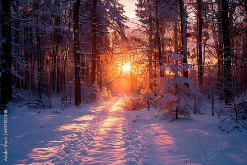 Sunset in the wood in winter period © Mudassar