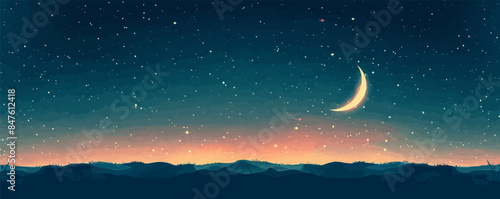 A starry night sky with a crescent moon shining brightly on a white background. Vector flat minimalistic isolated illustration.