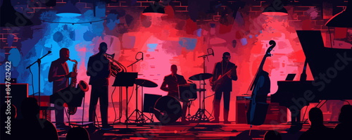 Jazz band playing in a smoky underground club. Vector flat minimalistic isolated