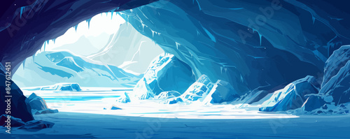 Glacial ice cave revealing ancient secrets hidden within its depths. Vector flat minimalistic isolated