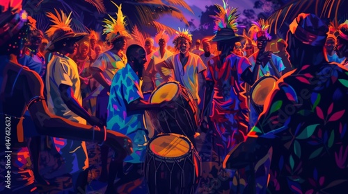 A group of people are playing drums and dancing in a colorful celebration.