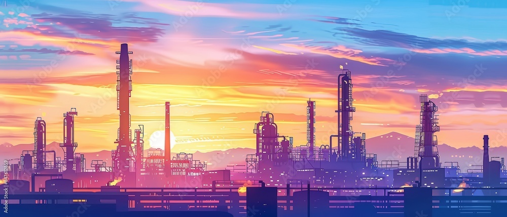 Oil refinery with towering structures and pipes, sunset backdrop, industrial landscape Oil refinery with towering structures and pipes, sunset backdrop, industrial landscape