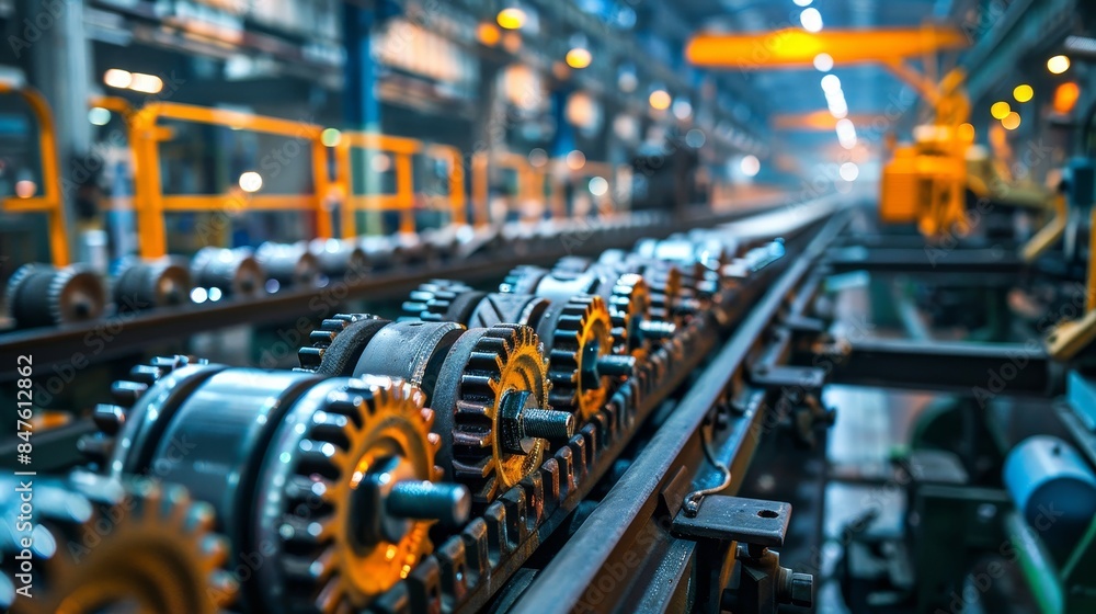 Belt crawler in a high-tech factory casting pulleys, advanced industrial equipment, clean and organized environment Belt crawler in a high-tech factory casting pulleys, advanced industrial equipment, clean and organized environment