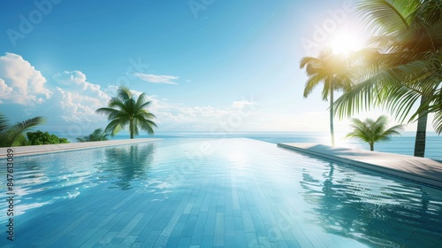 Modern outdoor pool with sun reflecting on water  palm trees  and a clear blue sky  ideal for vacation settings