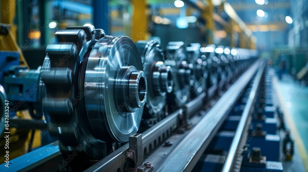 Automated belt crawler casting pulleys in a state-of-the-art factory, modern machinery, efficient production line Automated belt crawler casting pulleys in a state-of-the-art factory, modern machinery, efficient production line