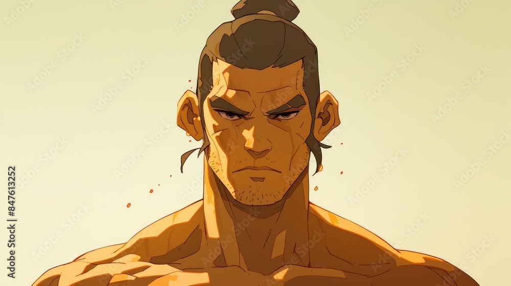 An aged shirtless avatar character is sporting a look that exudes seasoned wisdom and confidence An aged shirtless avatar character is sporting a look that exudes seasoned wisdom and confidence