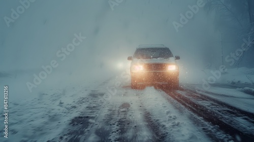 Automobile driving in a heavy fog, rain and snow covering the road, headlights breaking through the fog, an adventurous and cinematic scene