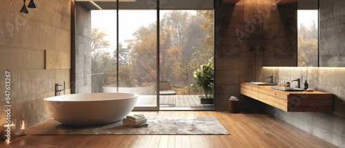 Modern bathroom featuring a wooden floor  large panoramic window  and bold geometric shapes  brutalist interior