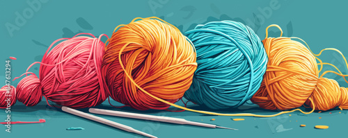 Tangled skein of yarn with knitting needles. Vector flat minimalistic isolated