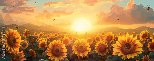 A radiant sunset over a field of sunflowers with bees buzzing among the blooms. Vector flat minimalistic isolated