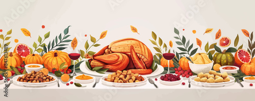 A table set for Thanksgiving dinner with a roasted turkey, stuffing, and all the fixings on a white background. Vector flat minimalistic isolated