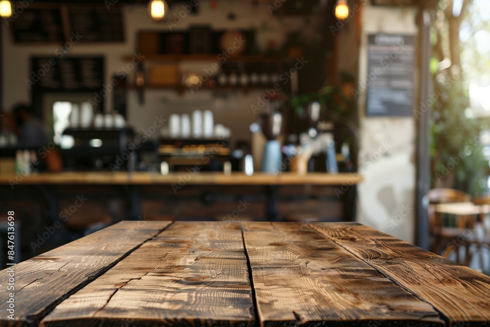 Rustic wooden tabletop in a busy cafe Rustic wooden tabletop in a busy cafe