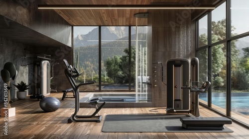 Connected home gym equipment syncing with fitness apps for a seamless workout experience photo