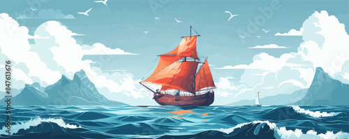 Sailing ship navigating treacherous waters in search of adventure. Vector flat minimalistic isolated