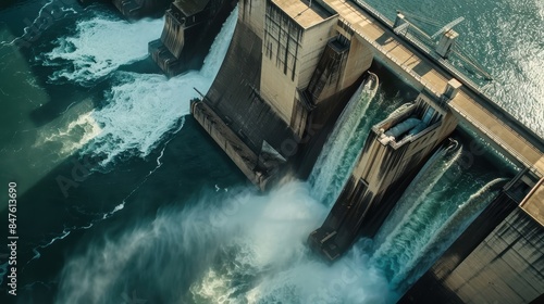 Hydroelectric dam generating power, large structure with flowing water, energy production photo