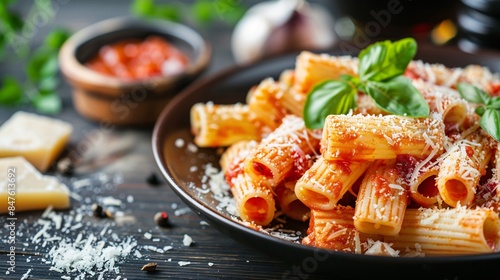Authentic Italian rigatoni pasta coated in a savory tomato sauce and topped with gooey melted cheese.