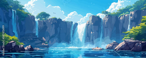 Majestic waterfall cascading down rocky cliff Vector flat minimalistic isolated