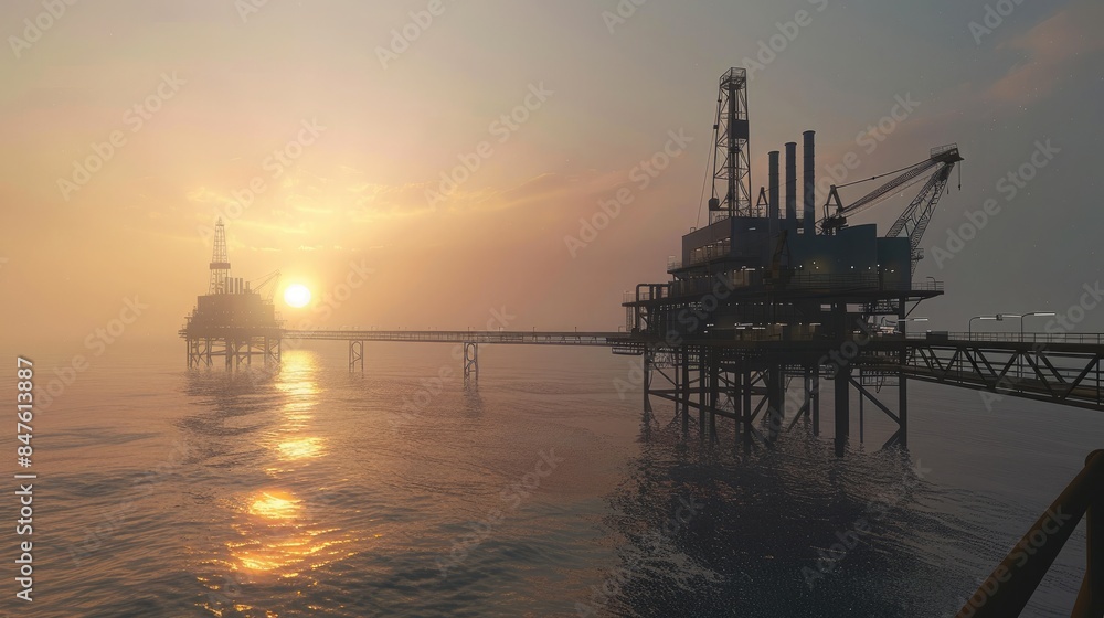 Oil and Gas offshore oil rig platform at sunset, set against a dramatic sky and the ocean Oil and Gas offshore oil rig platform at sunset, set against a dramatic sky and the ocean