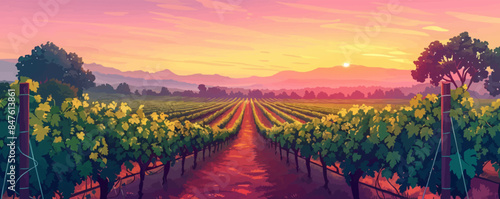 A picturesque vineyard at sunset, with rows of grapevines stretching into the distance. Vector flat minimalistic isolated