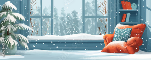A cozy reading nook by a window, with a view of a snowy landscape outside. Vector flat minimalistic isolated