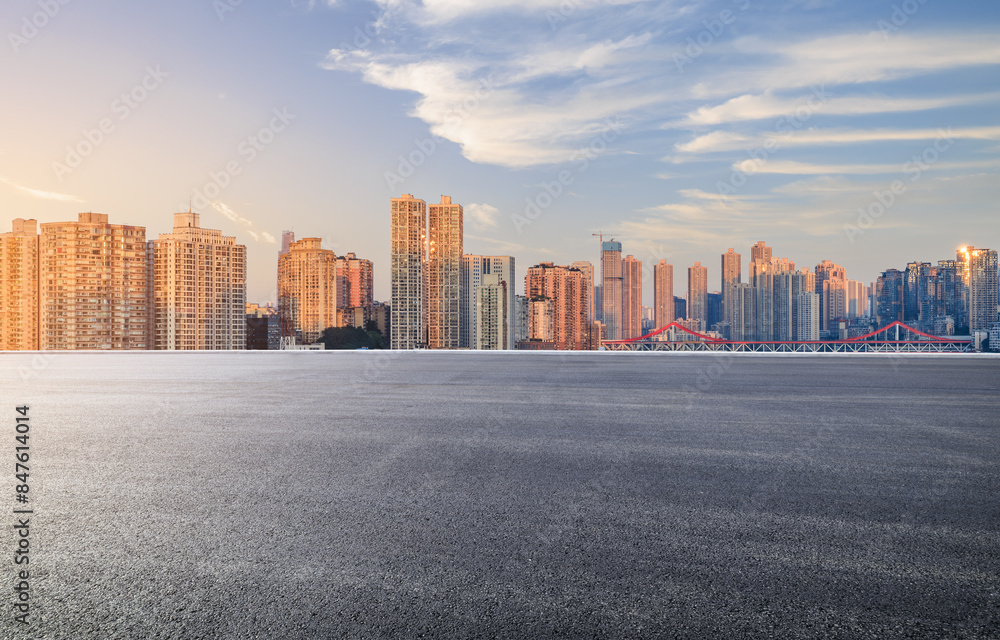 Asphalt road and modern residential area buildings background Asphalt road and modern residential area buildings background