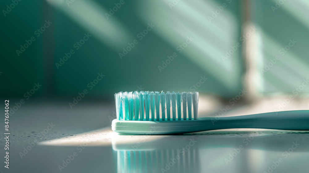 Close-up of a teal toothbrush with white bristles on a reflective surface. Close-up of a teal toothbrush with white bristles on a reflective surface.